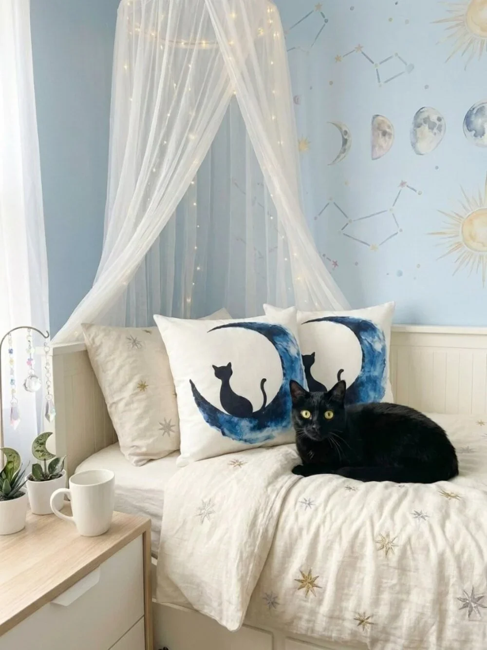 Set 2 Black Cat Blue Moon Watercolor Pillow Cushion Covers 18x18 Whimsigoth